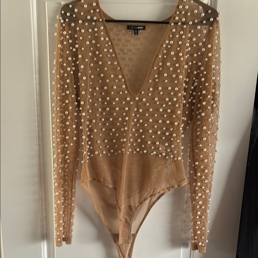 Fashion Nova Tan Long Sleeve Embellished Bodysuit